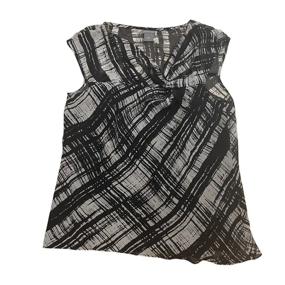 Ann Taylor 100% Silk Top Blouse | M Black Taupe Abstract, Old Money Fall Capsule